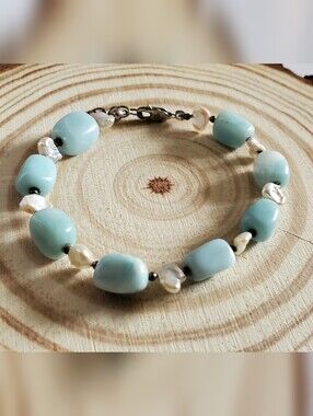 Vtg. Sterling Silver Larimar & Natural Pearls Bracelet